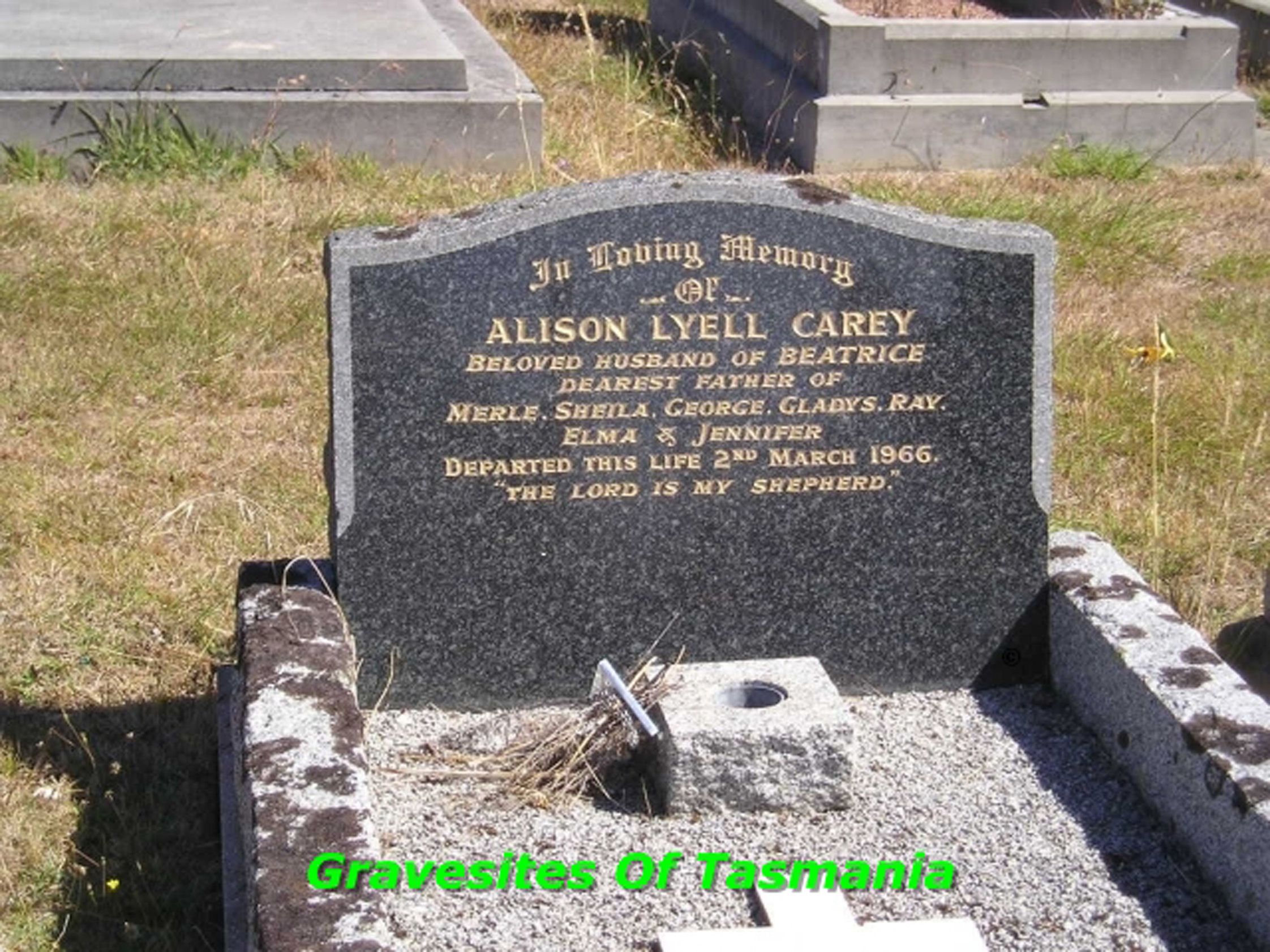 Photo of headstones/Alison Carey 1966 hdstn Ouse General Cemetery Tasmania